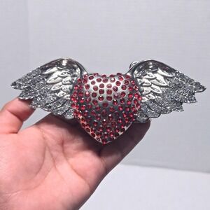 Red Rhinestone Heart Shaped Angel Wings Belt Buckle Silver Western Biker